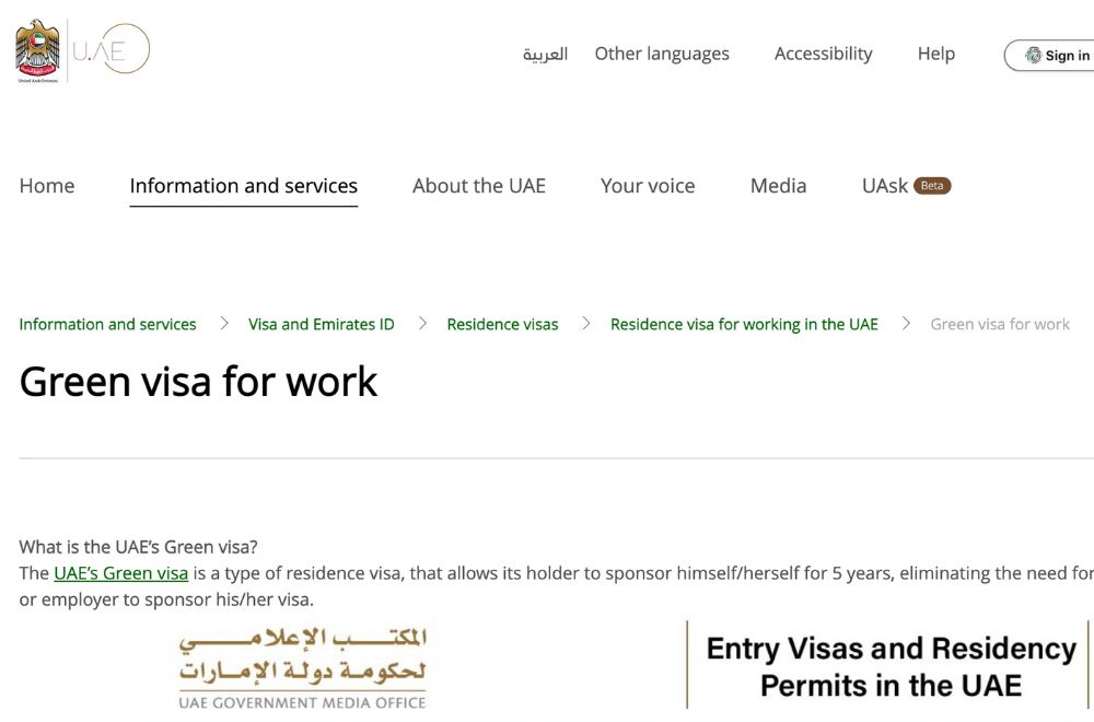 Screenshot Of UAE Government Website For Green Visa