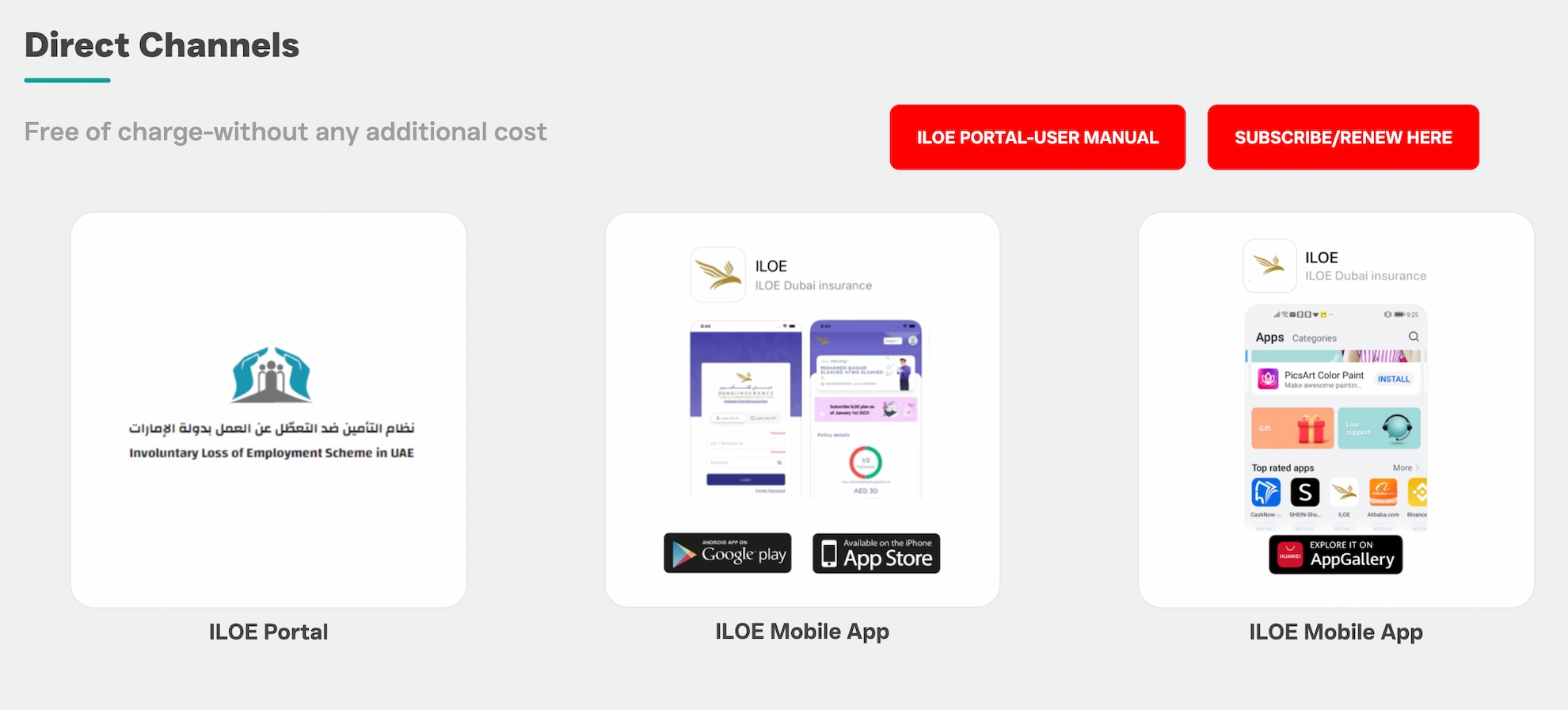 ILOE webpage, showing the ILOE Insurance app for both Apple and Google Play users.