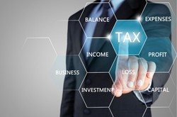 Businessman Pointing To Sign Saying &quot;Tax&quot;