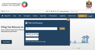 A screenshot of TRN verification in Dubai from the Federal Tax Authority website.