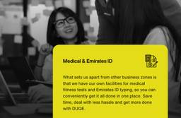 An infographic from DUQE, describing their Medical &amp; Emirates ID services. 