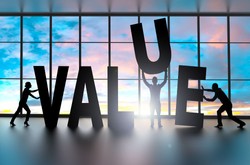 People Working Together To Form The Word &quot;Value&quot; With Giant Letters