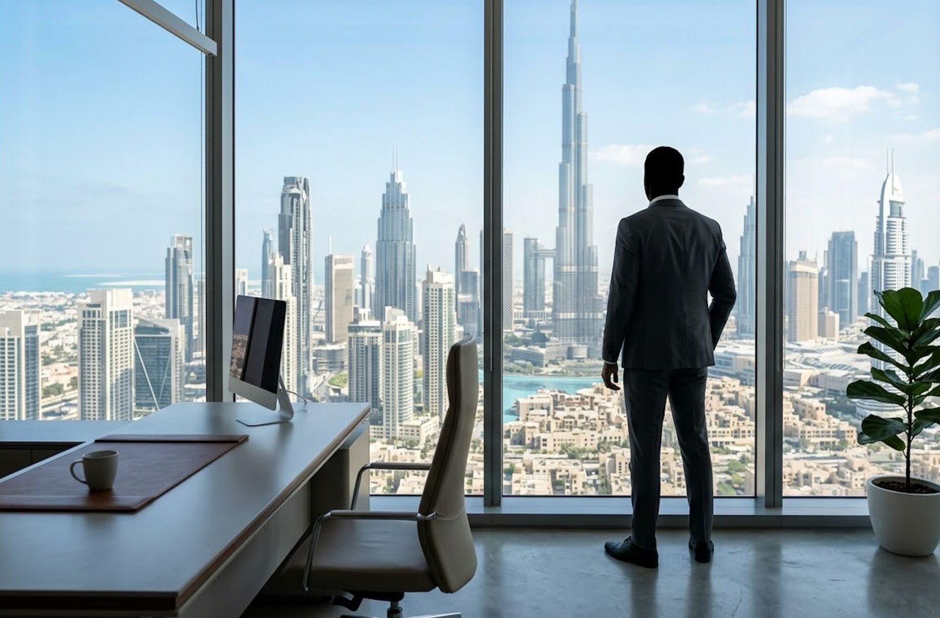 A man who is looking out over the Dubai skyline view from his office, whilst working on a free zone visa.